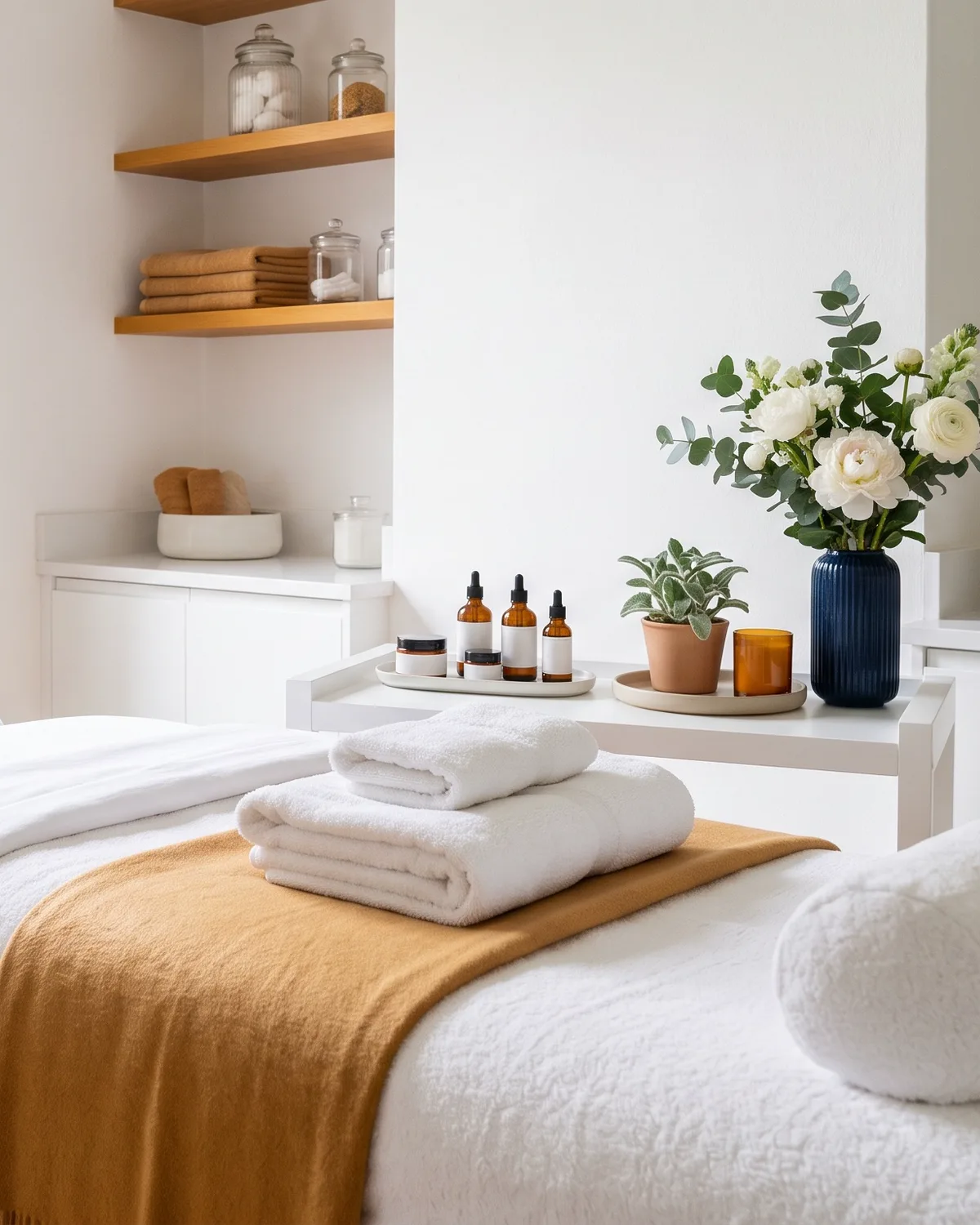 Bright treatment room with towels, skincare products and flowers