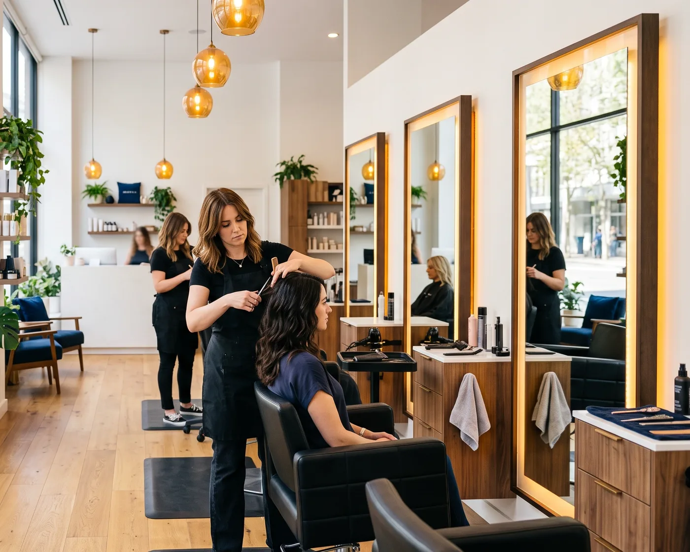 Bright hair salon with mirrors and workstations
