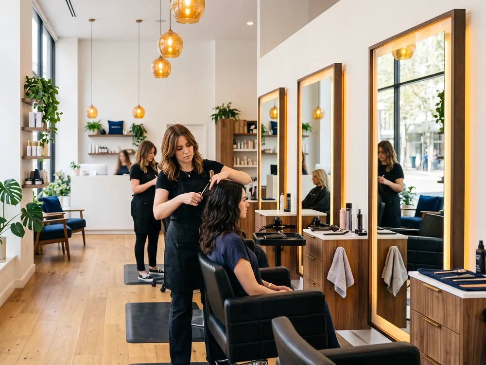 Salon workstation with a lit mirror