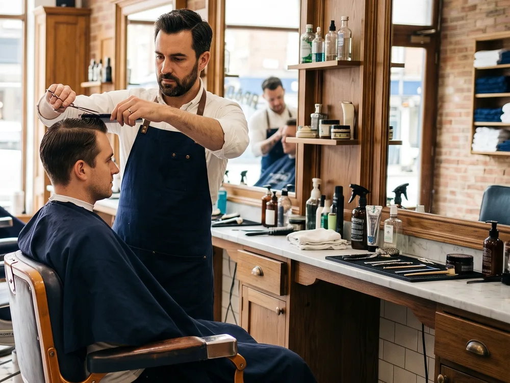 Barber chair in front of a mirror