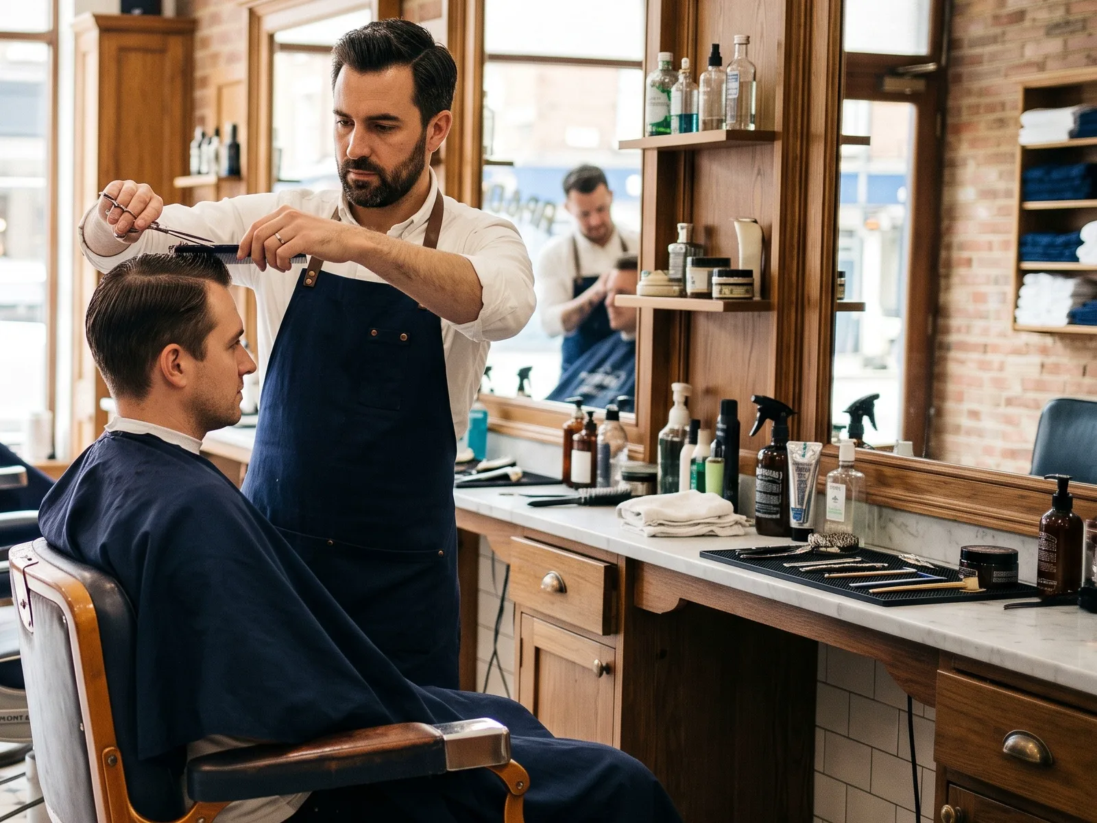 Barber wrapping a fresh towel around a client in a brick-walled shop