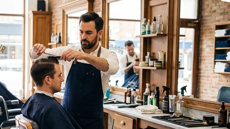 Barber at work in front of a mirrored wall of grooming products