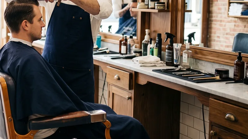 Barber shop interior with open shelves of grooming products