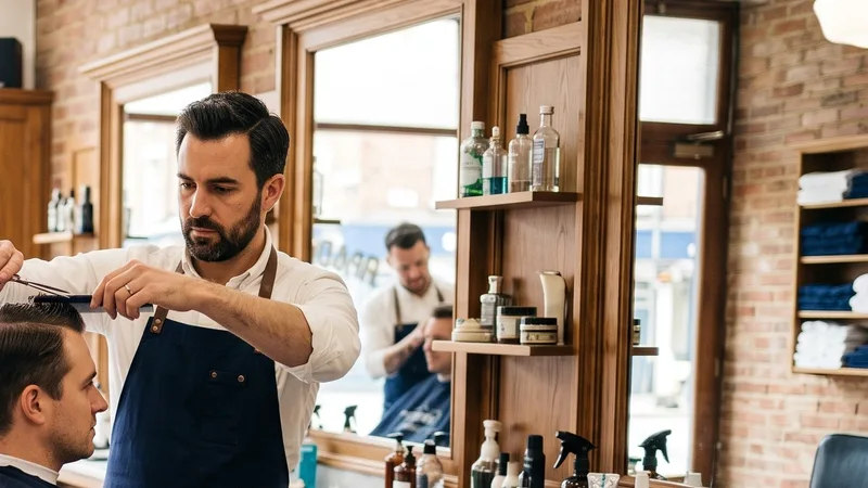 Barber trimming hair beside a tall window in a brick-walled shop