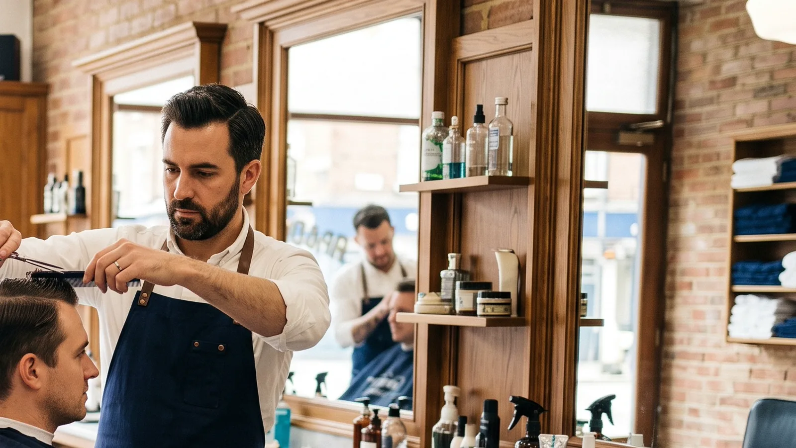 Barber trimming hair beside a tall window in a brick-walled shop
