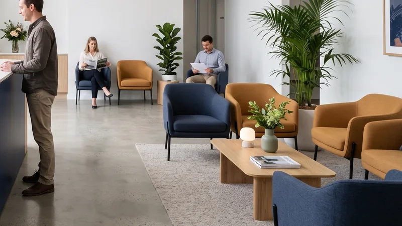 Bright clinic waiting area with tan armchairs, a low table and potted palms