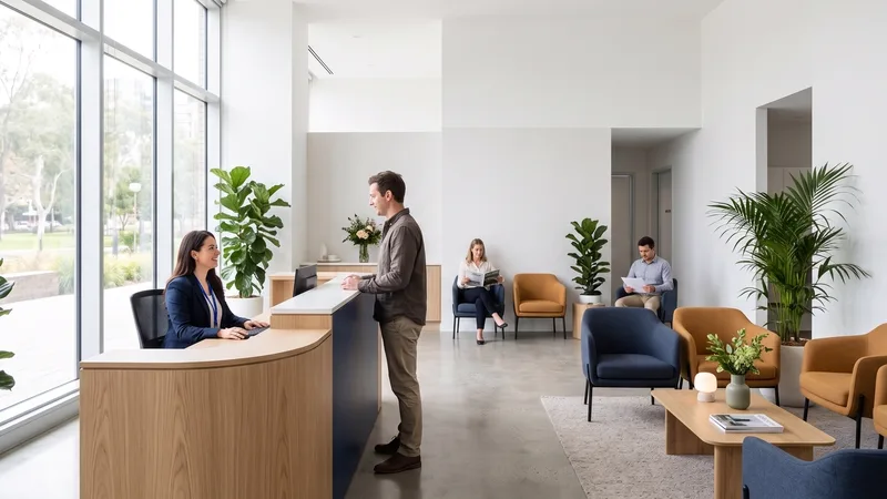 Clinic reception desk in a bright open room with plants and seating