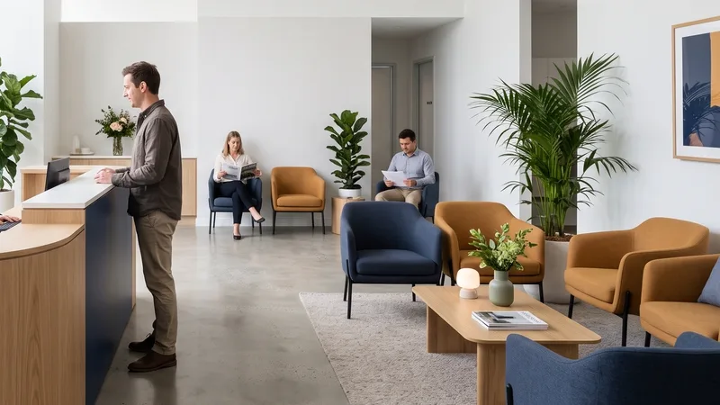 Waiting area with armchairs and greenery beside a clinic reception