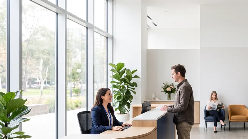 Clinic reception beside a floor-to-ceiling window with a large plant