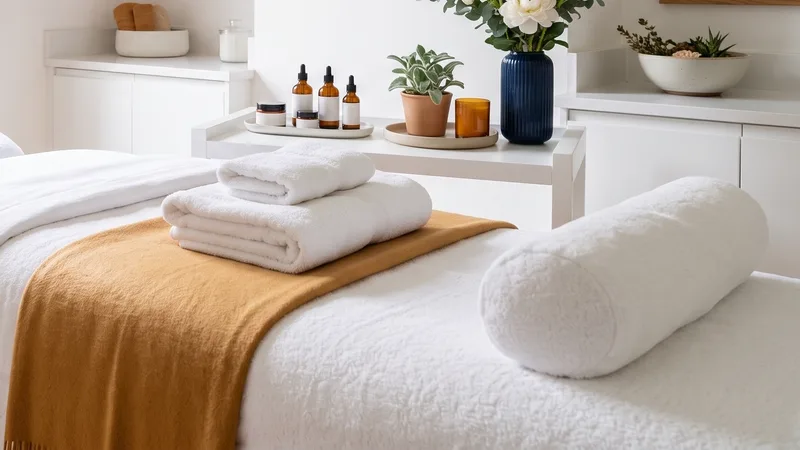 Treatment bed made up with white towels, a rolled bolster and an ochre throw