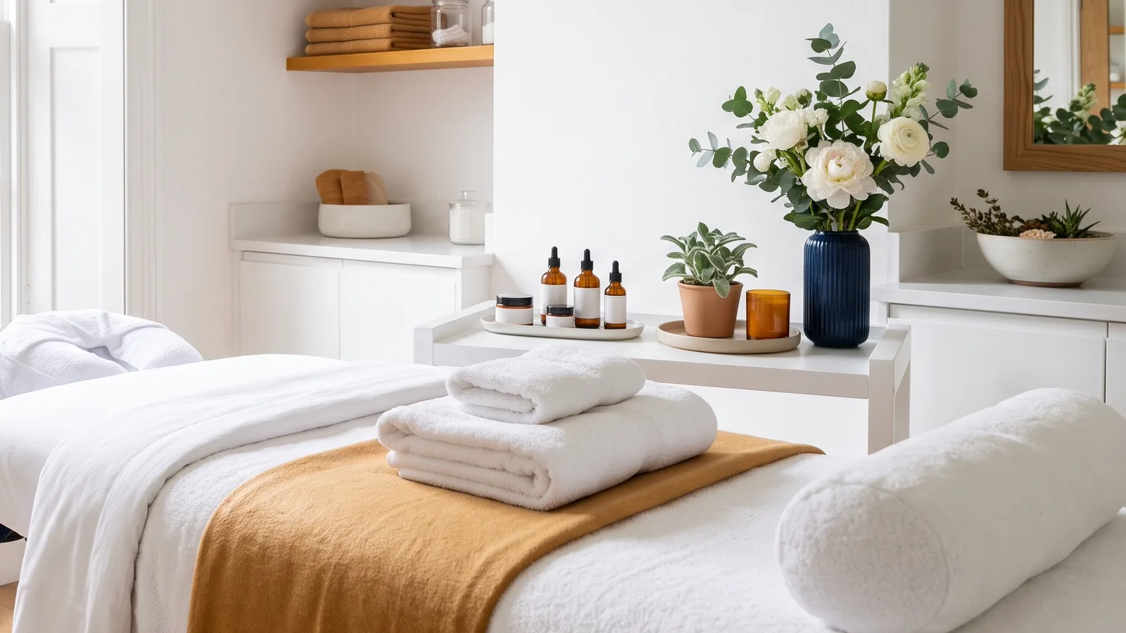 Treatment bed with folded towels beside amber dropper bottles and white flowers