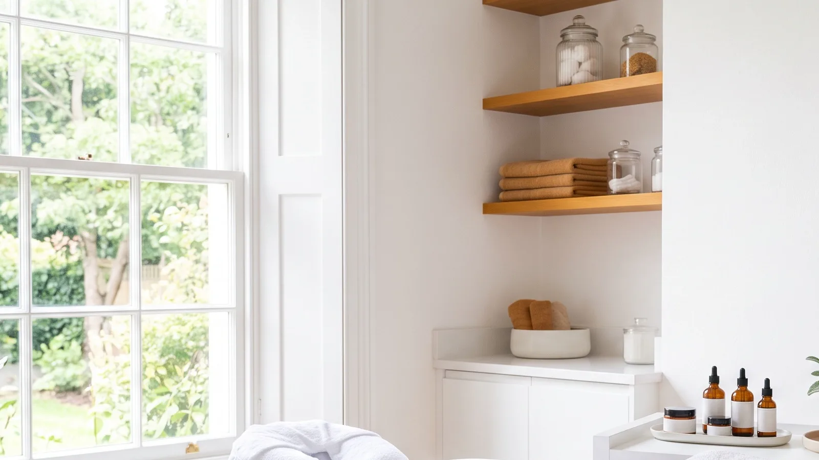 Pale oak shelves with jars, folded towels and skincare bottles by a sash window