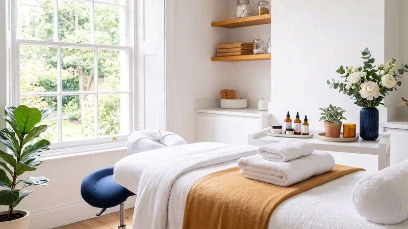 Treatment room with a made-up bed, a stool and skincare bottles by a bright window