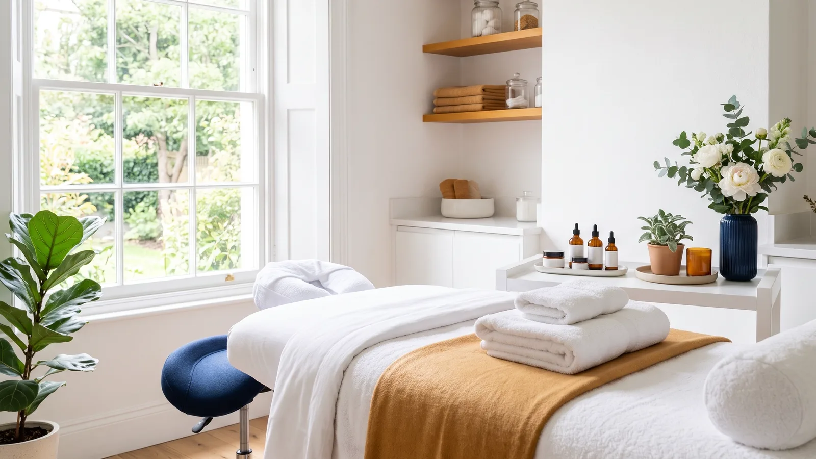 Treatment room with a made-up bed, a stool and skincare bottles by a bright window