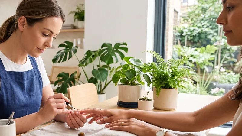 Manicurist at work at a table surrounded by green plants
