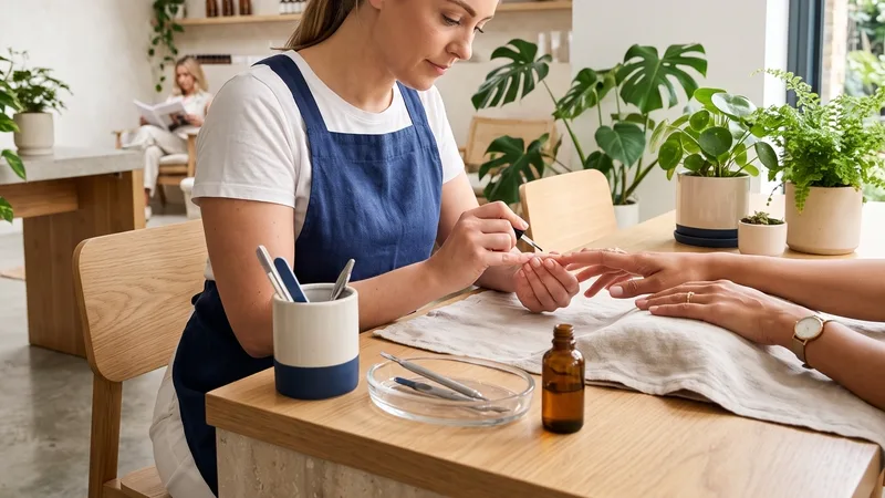 Manicure table with tools in a jar, a glass dish and plants by a window