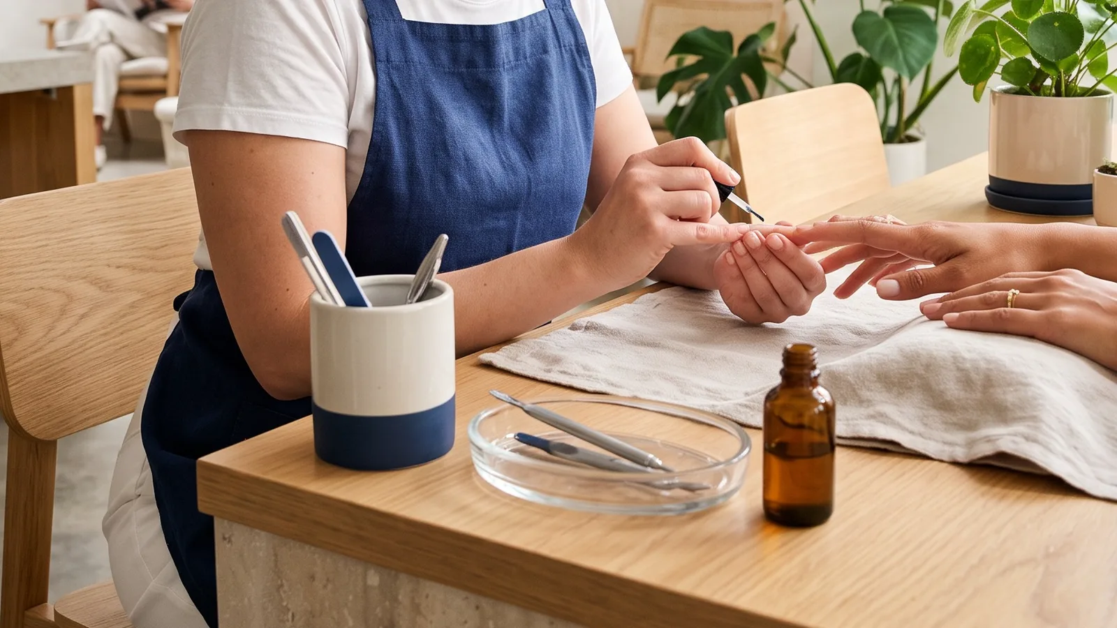 Steel manicure tools, a glass dish and an amber bottle on a wooden table