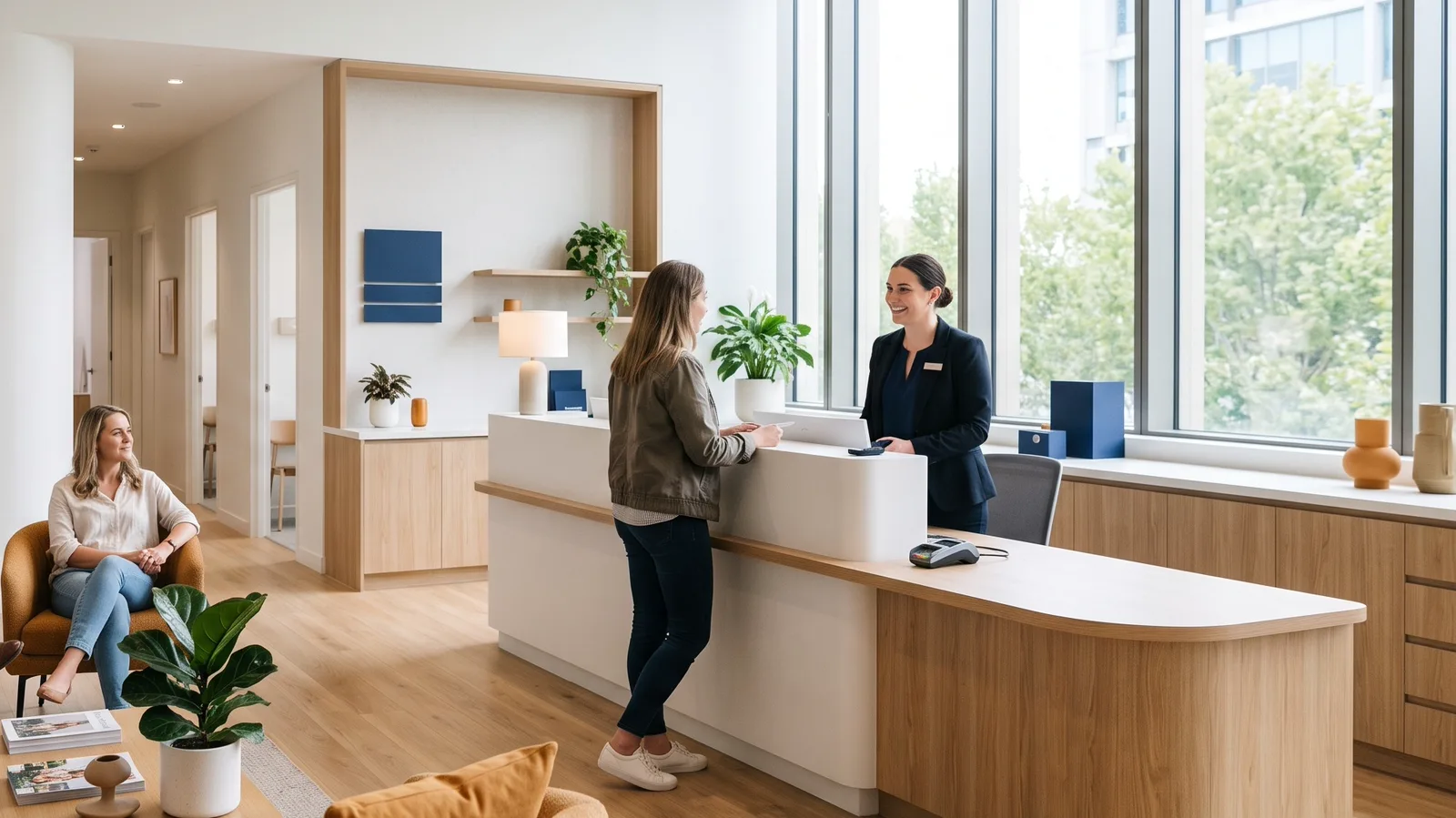 Reception desk in a bright room with tall windows and a seating corner