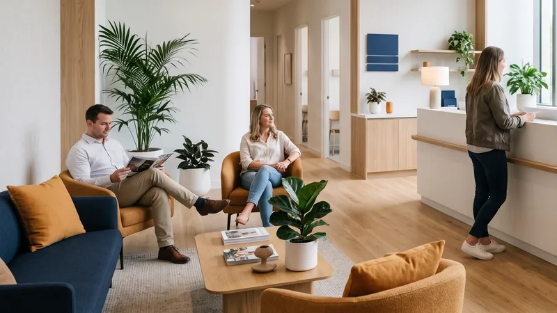 Waiting area with a sofa, armchair and low table beside a reception counter