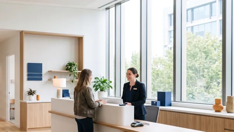 Reception counter beside a wall of windows with a view over the city
