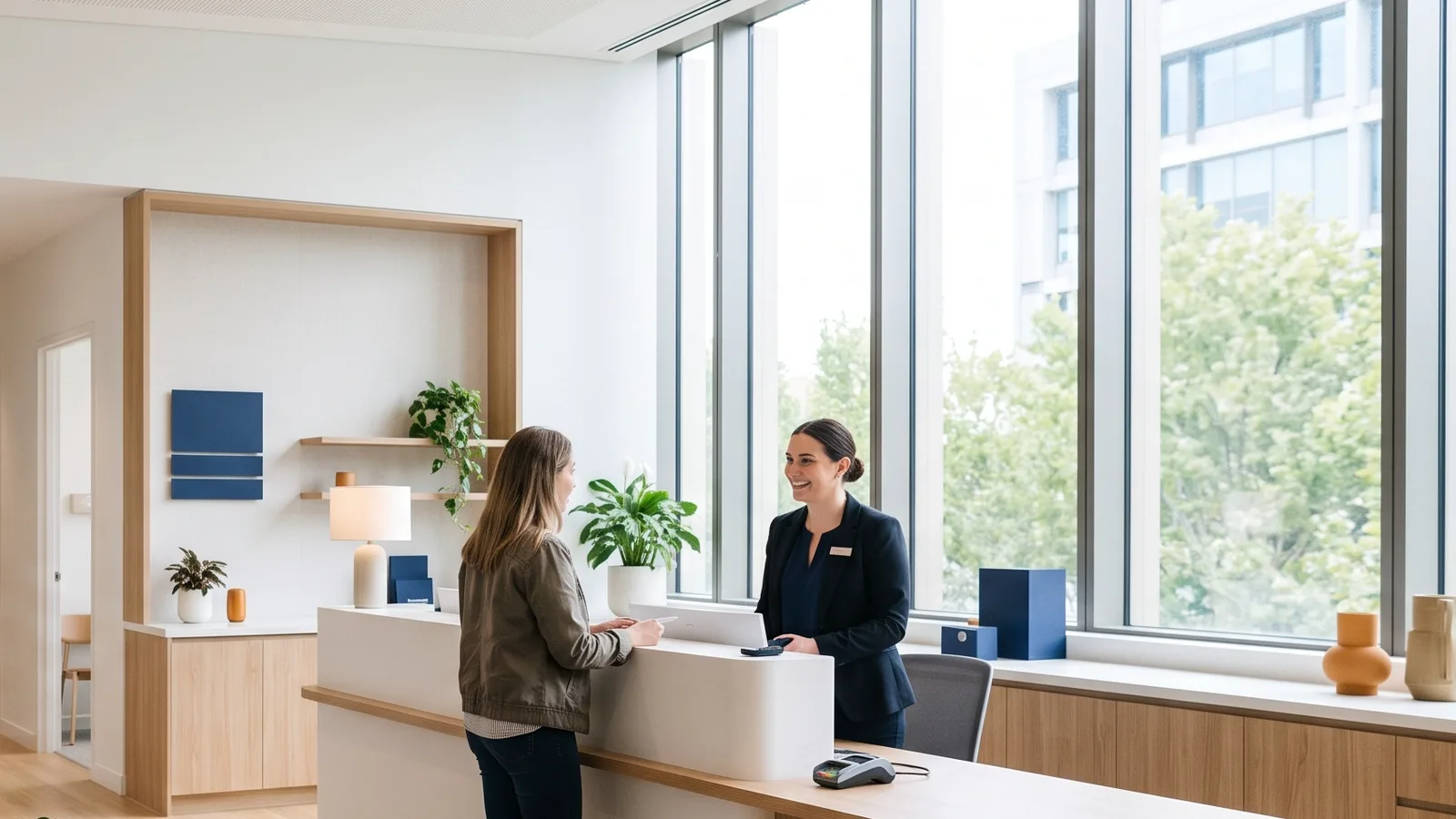 Reception counter beside a wall of windows with a view over the city