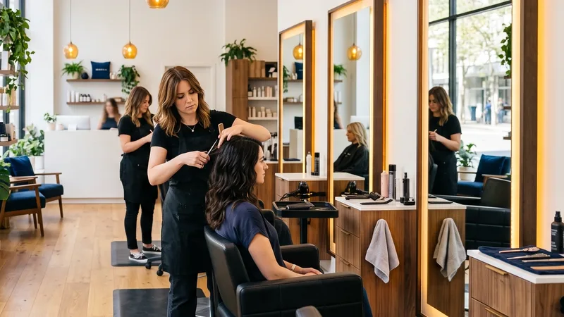 Hair salon with mirrored stations, pendant lights and stylists at work