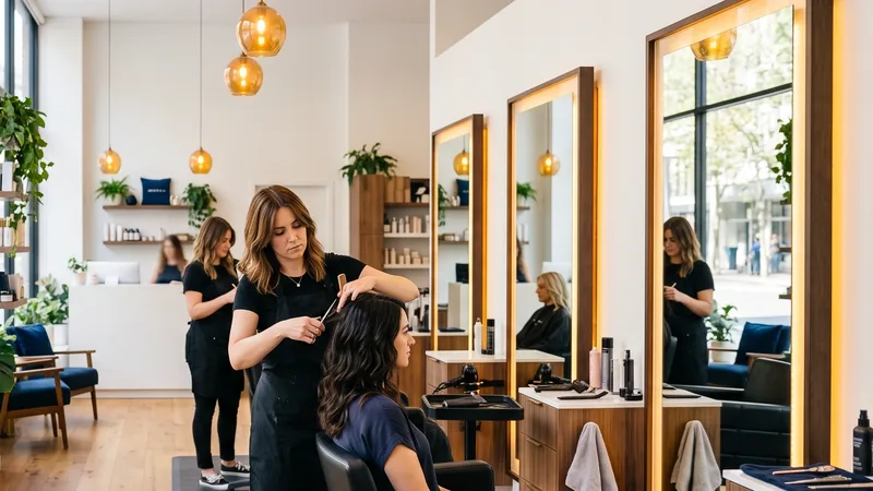 Hair salon with tall mirrors, pendant lamps and a window onto the street