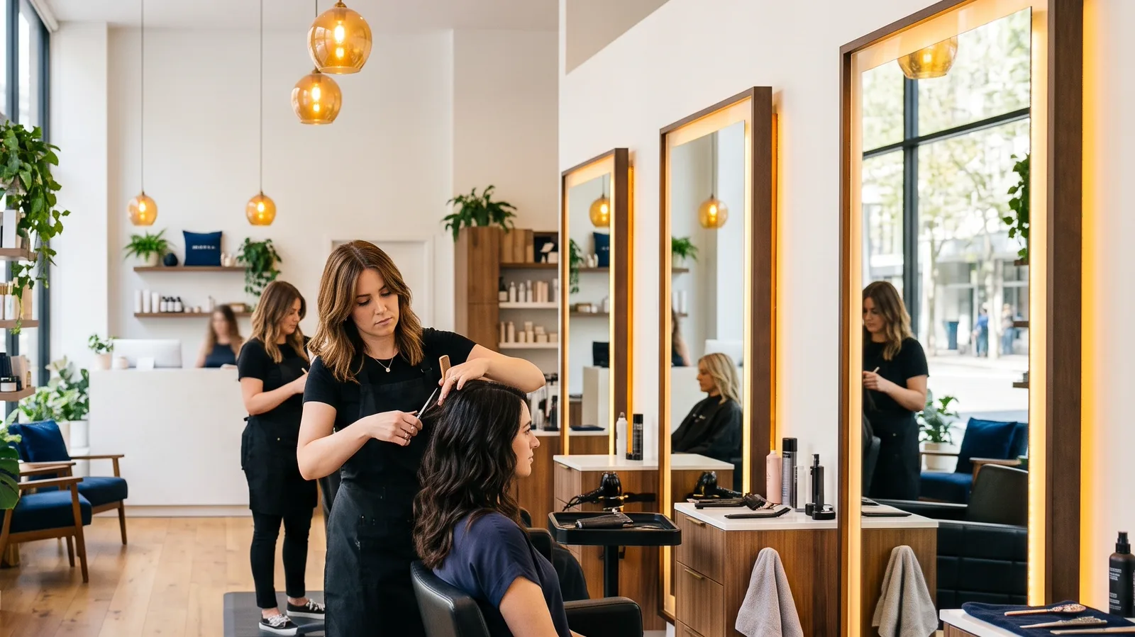 Hair salon with tall mirrors, pendant lamps and a window onto the street