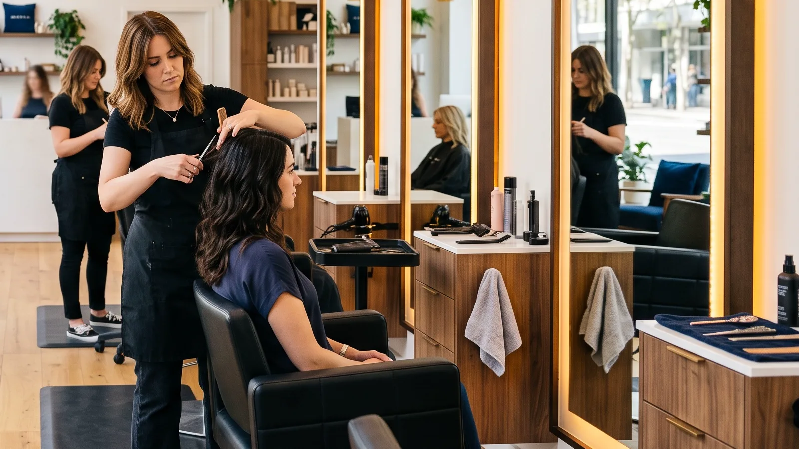 Styling station with a mirror, tools on the counter and a window behind