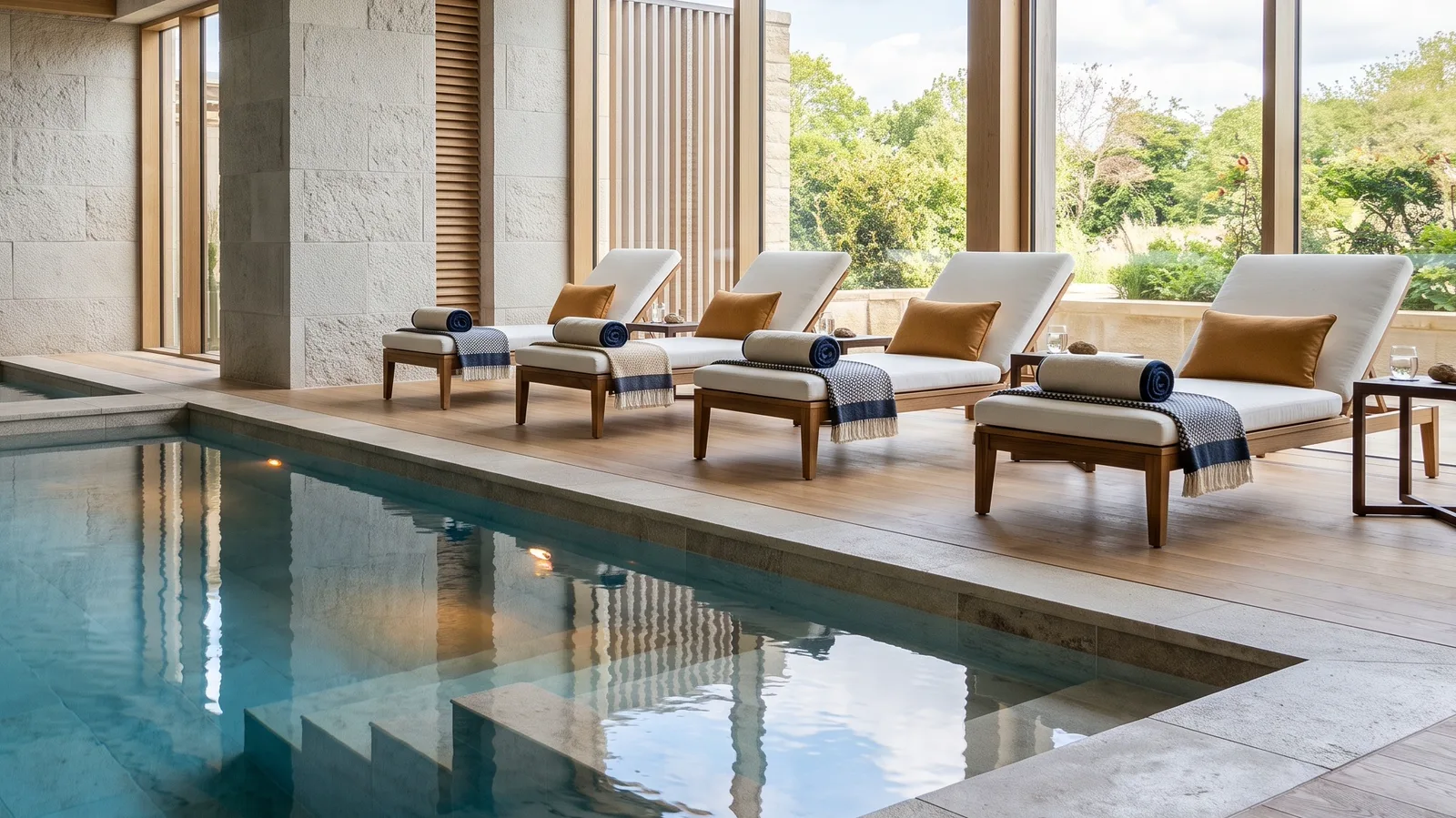 Wooden loungers with folded towels along an indoor pool