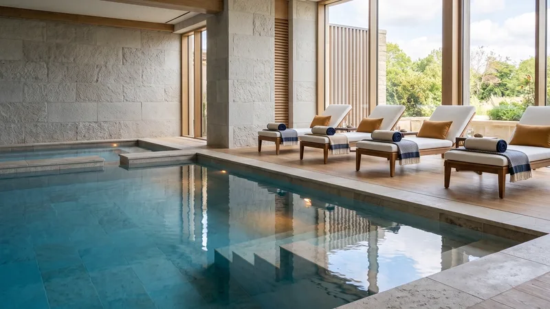 Indoor pool with turquoise water and wooden loungers in daylight