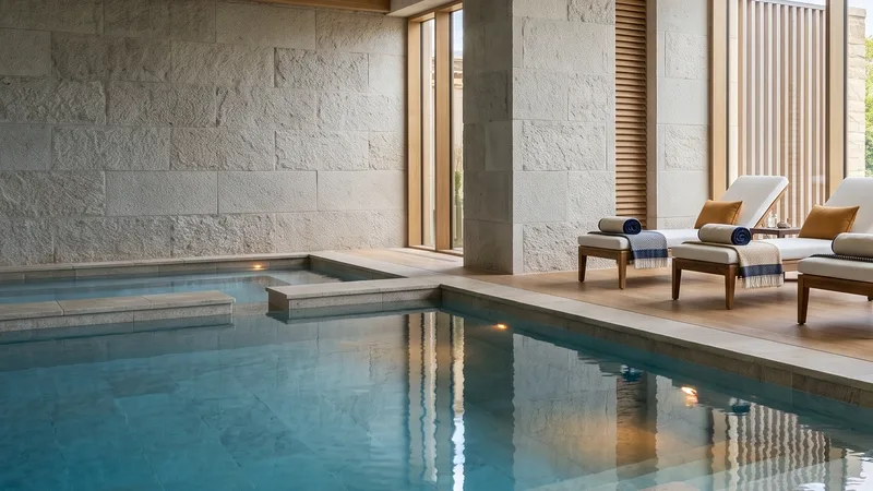 Indoor pool in front of a pale natural stone wall with wooden loungers