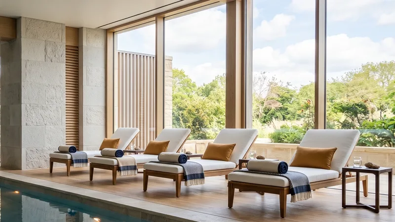 Spa loungers with rolled towels beside a wall of windows