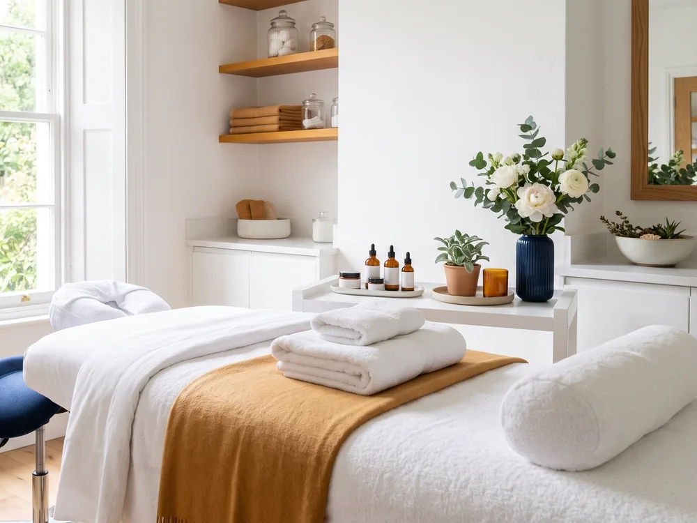 Skincare products and towels in a bright cosmetic room