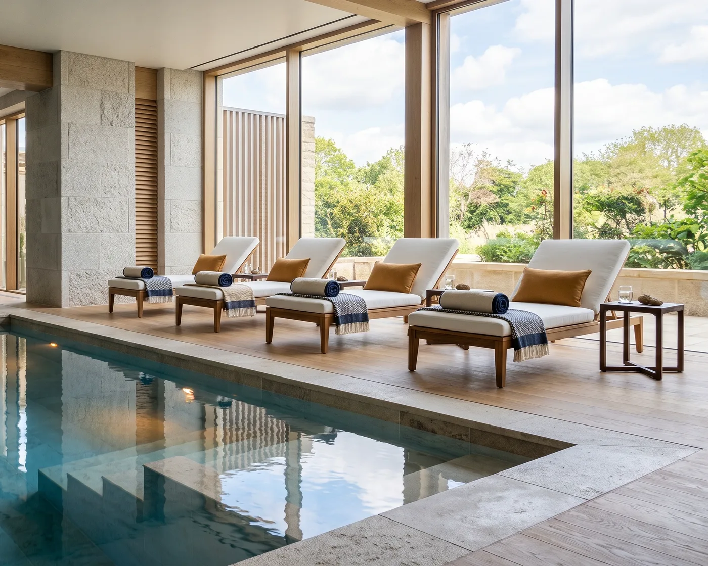 Relaxation area with loungers beside an indoor pool
