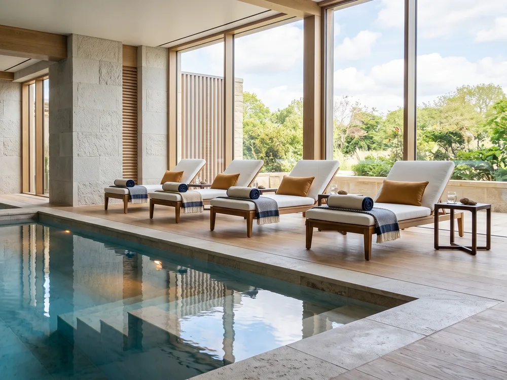 Loungers and a pool in a bright spa area